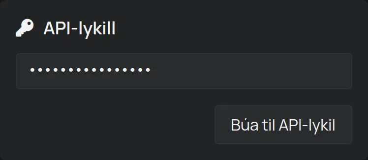 Hlutinn API-lykill á síðunni Reikningur, með lykilinn falinn