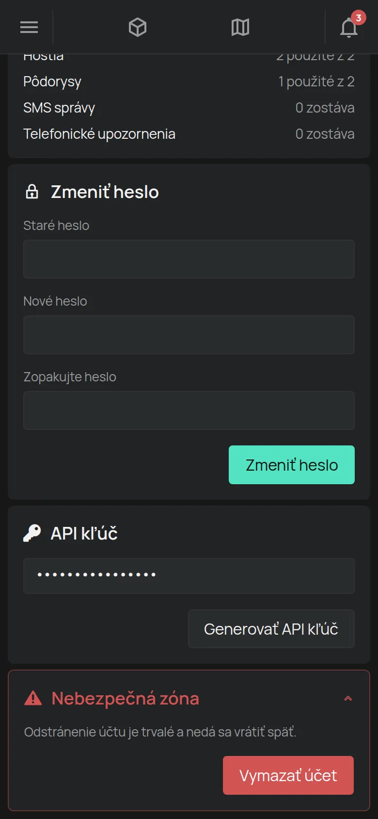 Otvorená časť Nebezpečná zóna s tlačidlom Vymazať účet