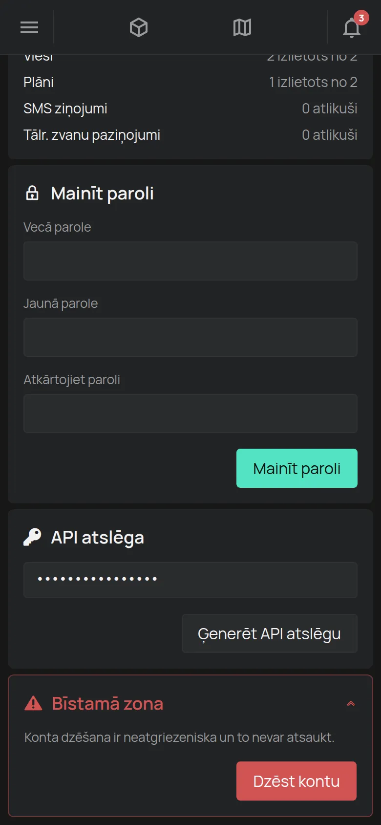 Atvērta sadaļa Bīstamā zona ar pogu Dzēst kontu