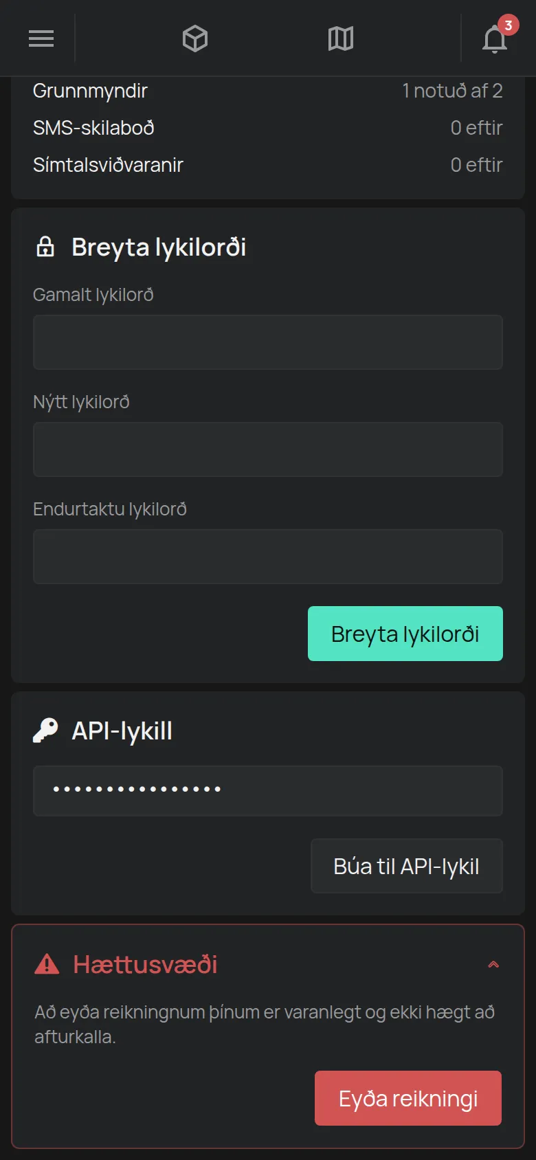 Hlutinn Hættusvæði opinn, með hnappinum Eyða reikningi