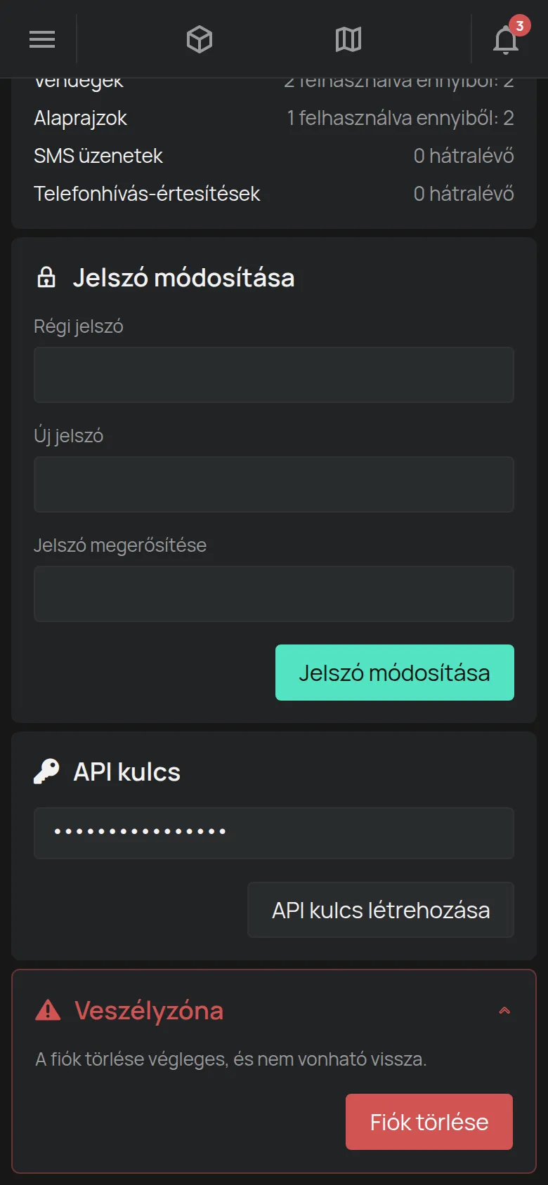A megnyitott Veszélyzóna rész a Fiók törlése gombbal