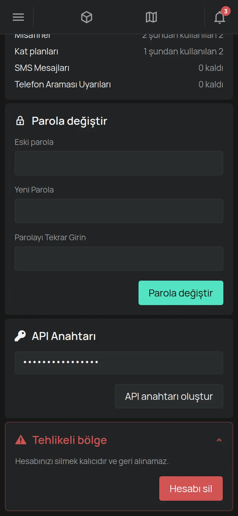 Hesabı sil düğmesiyle açık Tehlikeli bölge bölümü