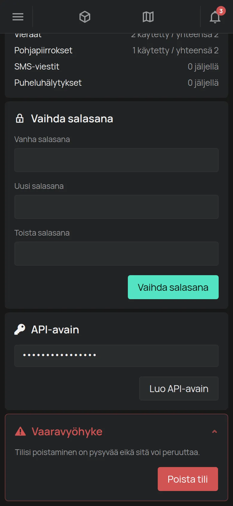 Avattu Vaaravyöhyke-osio ja Poista tili -painike