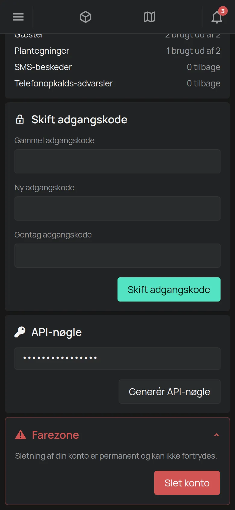Sektionen Farezone åben med knappen Slet konto