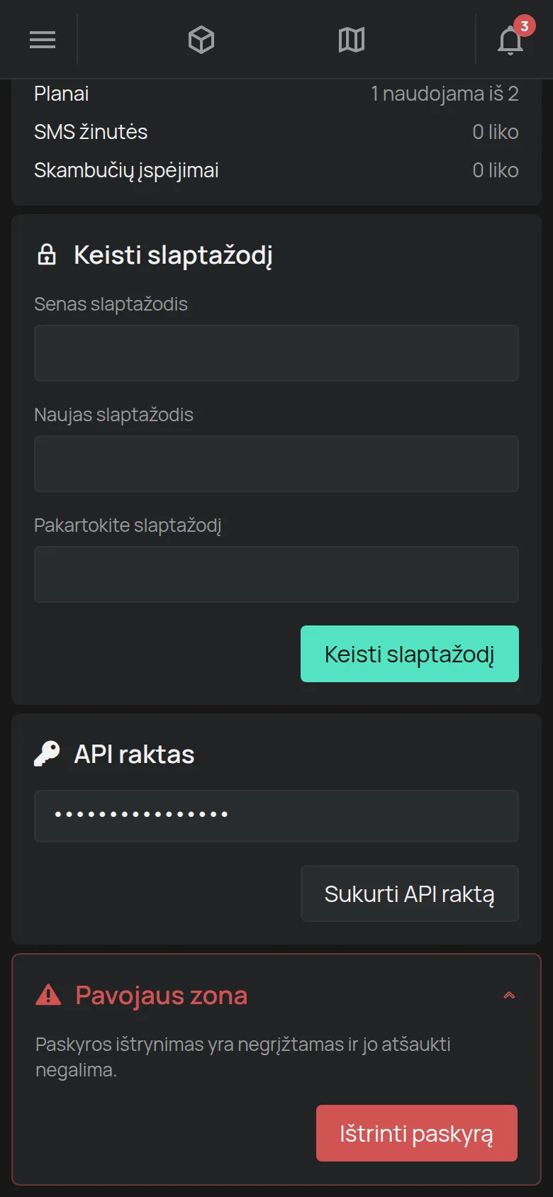 Atidarytas skyrius Pavojaus zona su mygtuku Ištrinti paskyrą