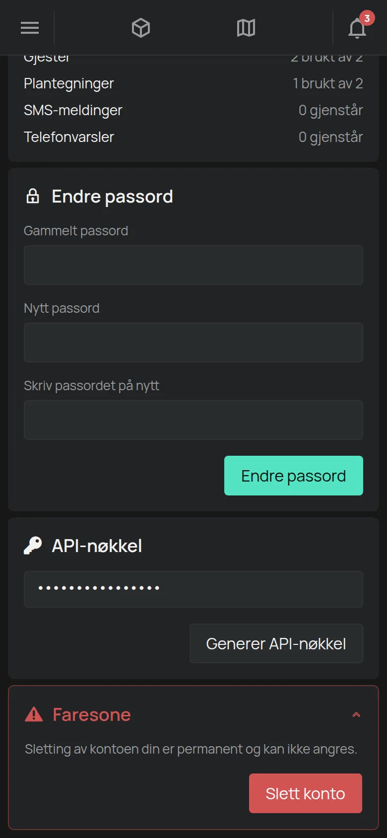 Den åpne delen Faresone med knappen Slett konto