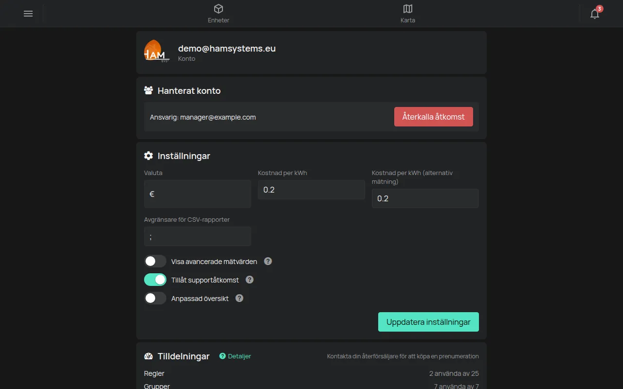 Sidan Konto med e-postadressen, inställningarna och tilldelningarna