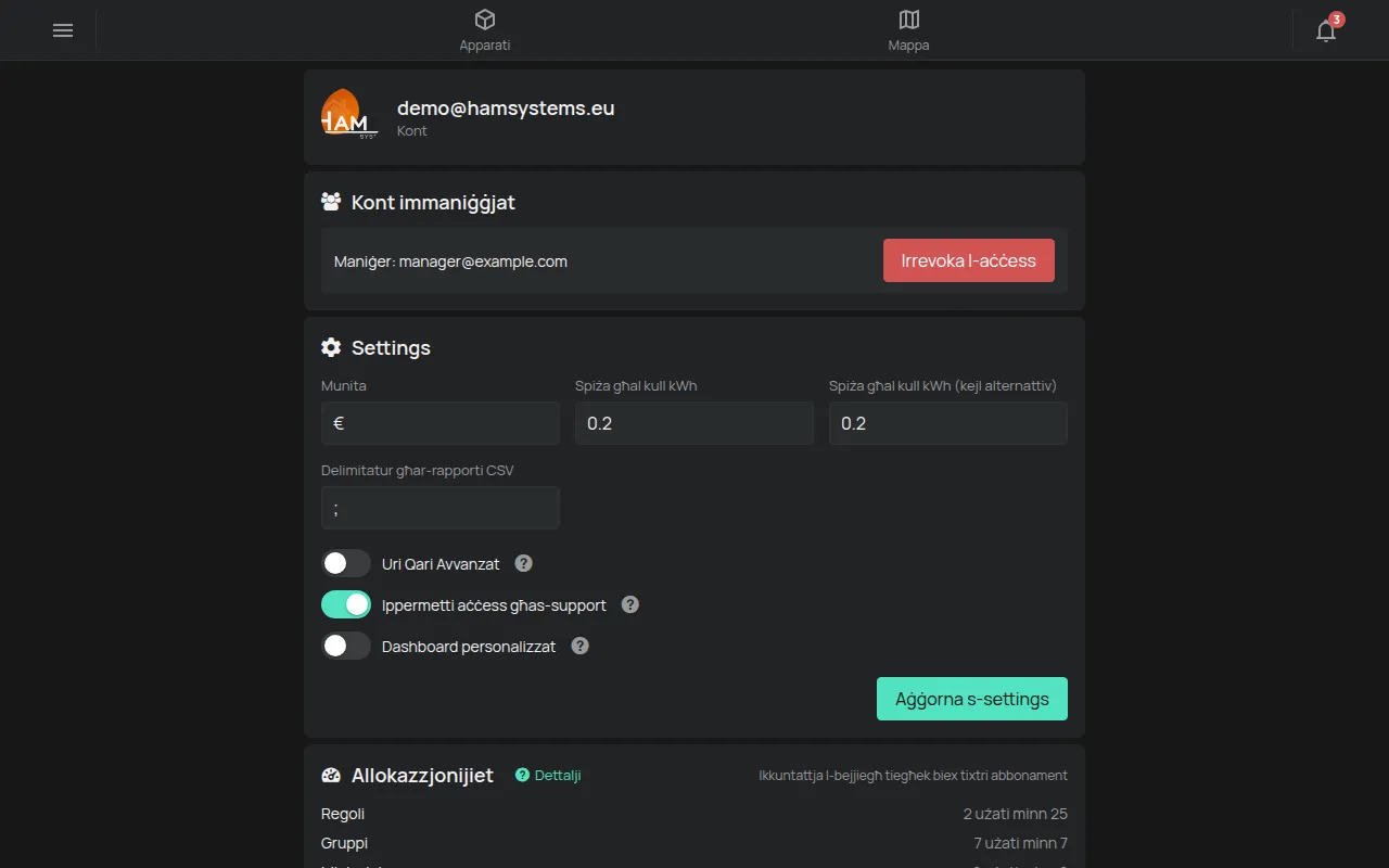 Il-paġna Kont bl-e-mail, is-settings u l-allokazzjonijiet