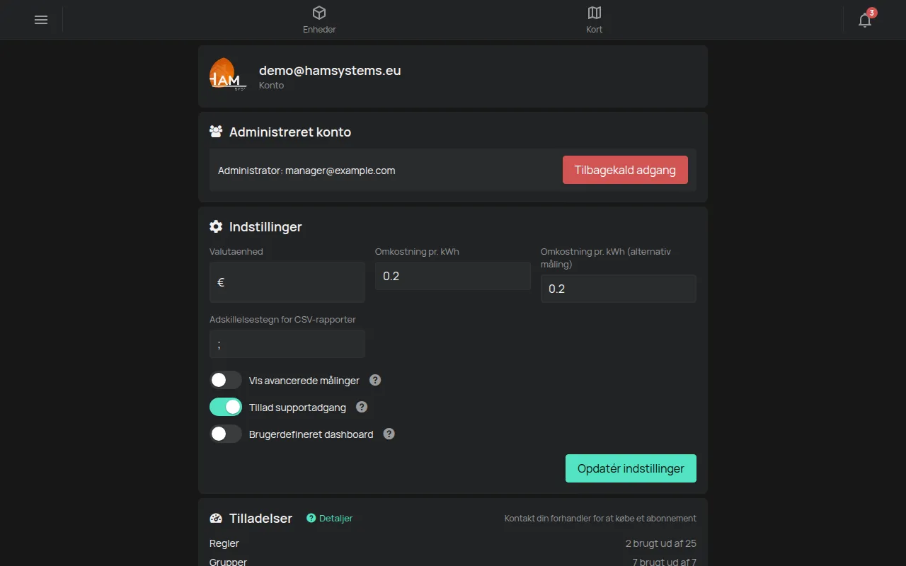 Siden Konto med e-mailen, indstillingerne og tilladelserne