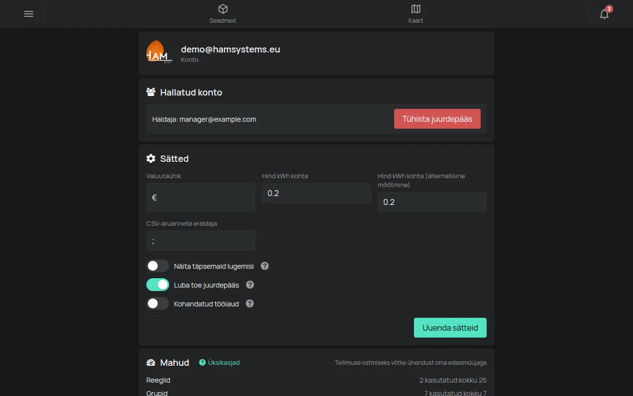 Leht Konto e-posti aadressi, sätete ja mahtudega