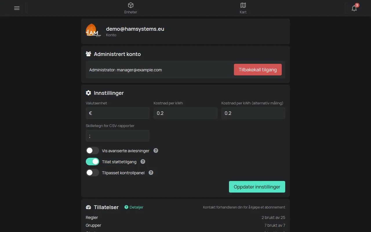 Siden Konto med e-posten, innstillingene og tillatelsene