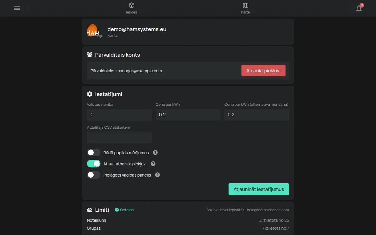 Lapa Konts ar e-pastu, iestatījumiem un limitiem