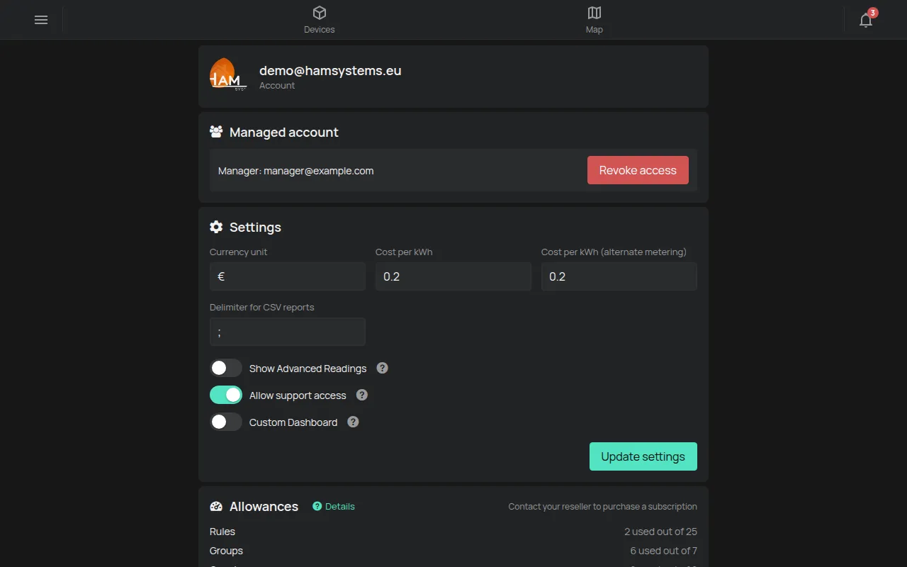 De pagina Account met het e-mailadres, de instellingen en de toegestane hoeveelheden