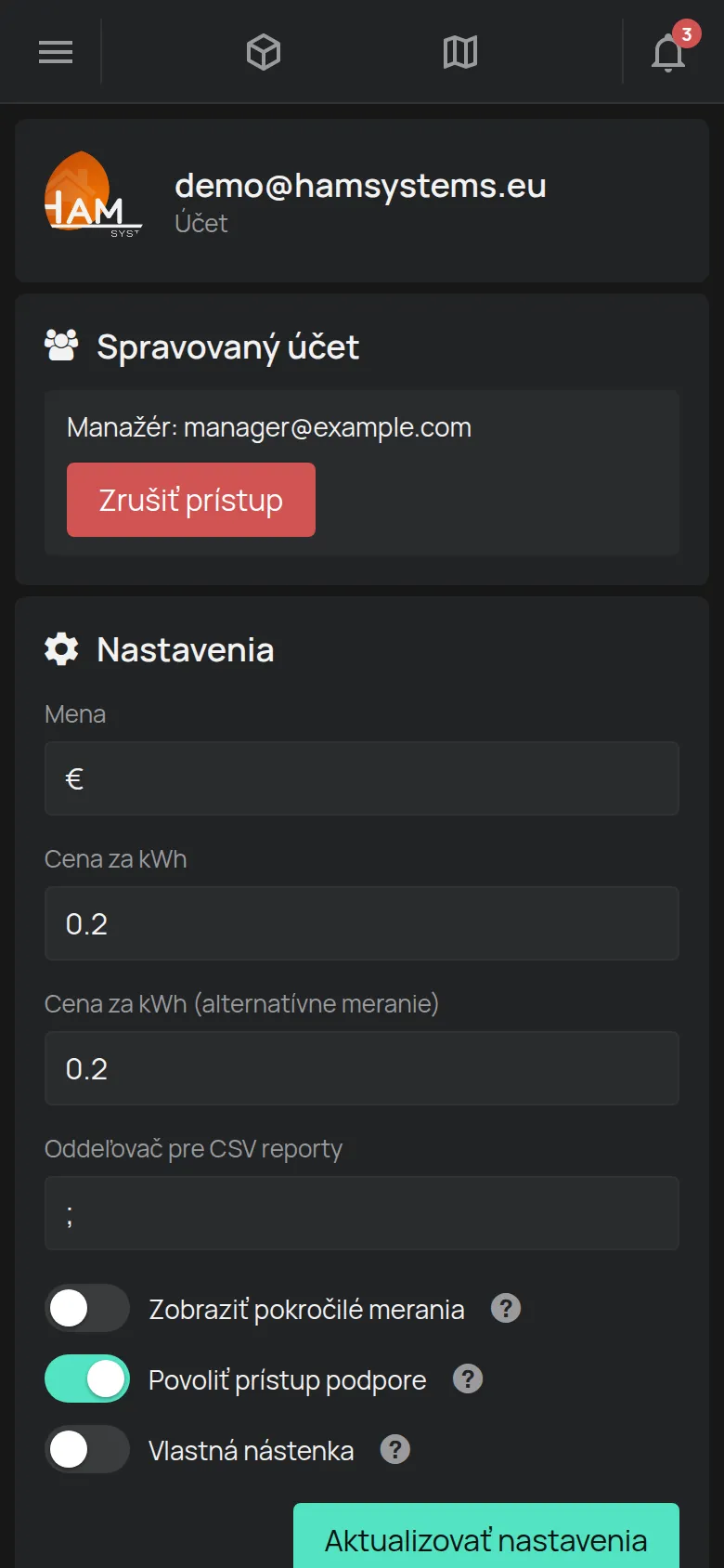 Stránka Účet s e-mailom, nastaveniami a limitmi