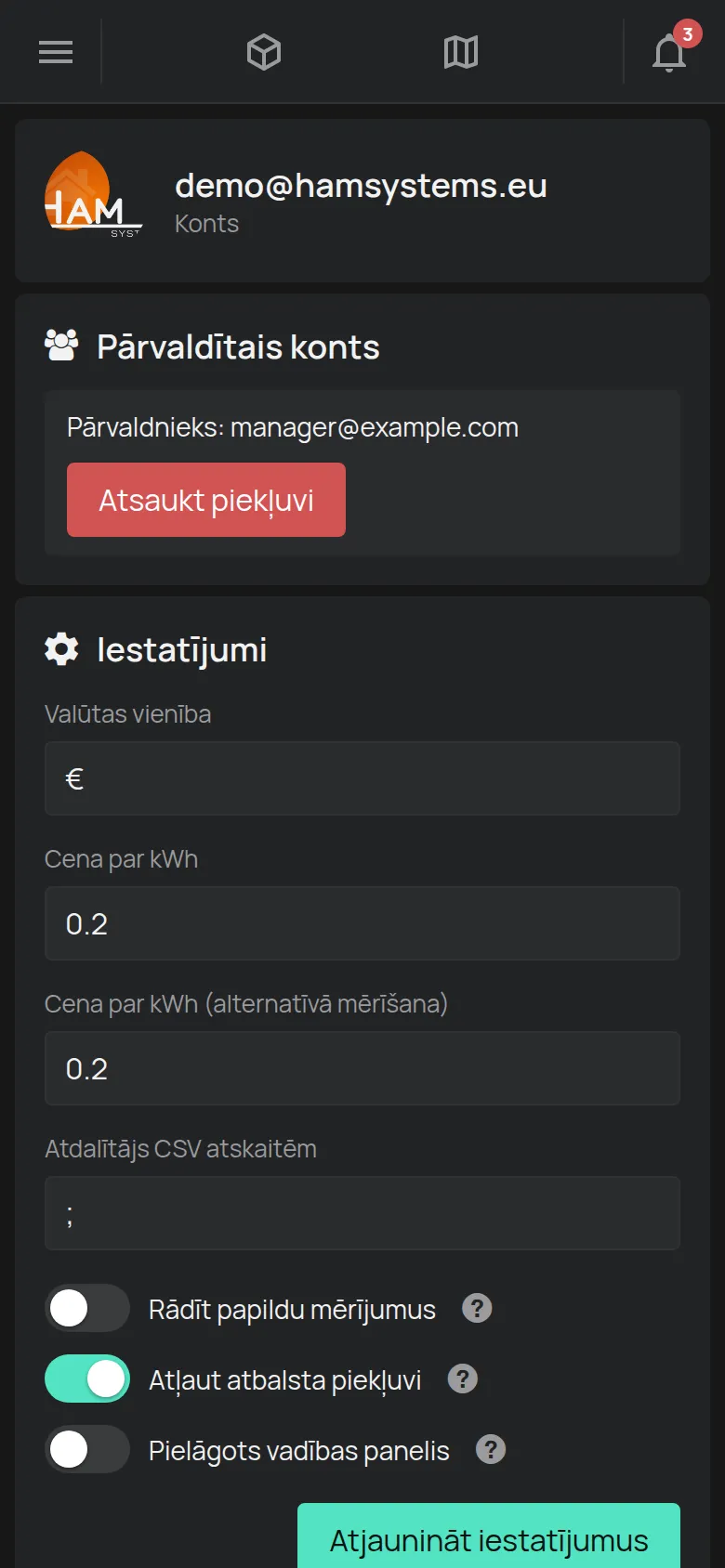 Lapa Konts ar e-pastu, iestatījumiem un limitiem