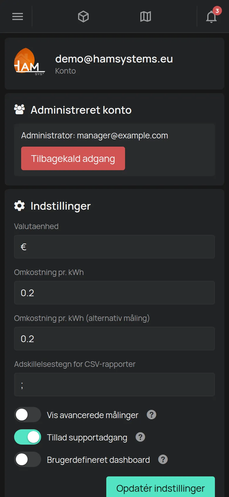 Siden Konto med e-mailen, indstillingerne og tilladelserne