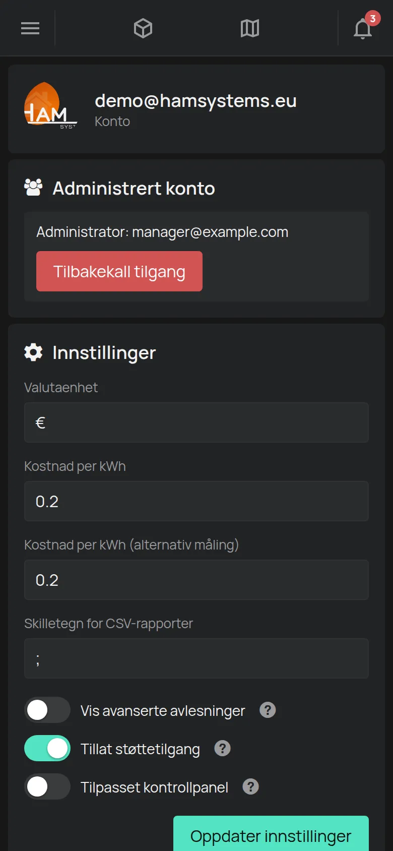 Siden Konto med e-posten, innstillingene og tillatelsene