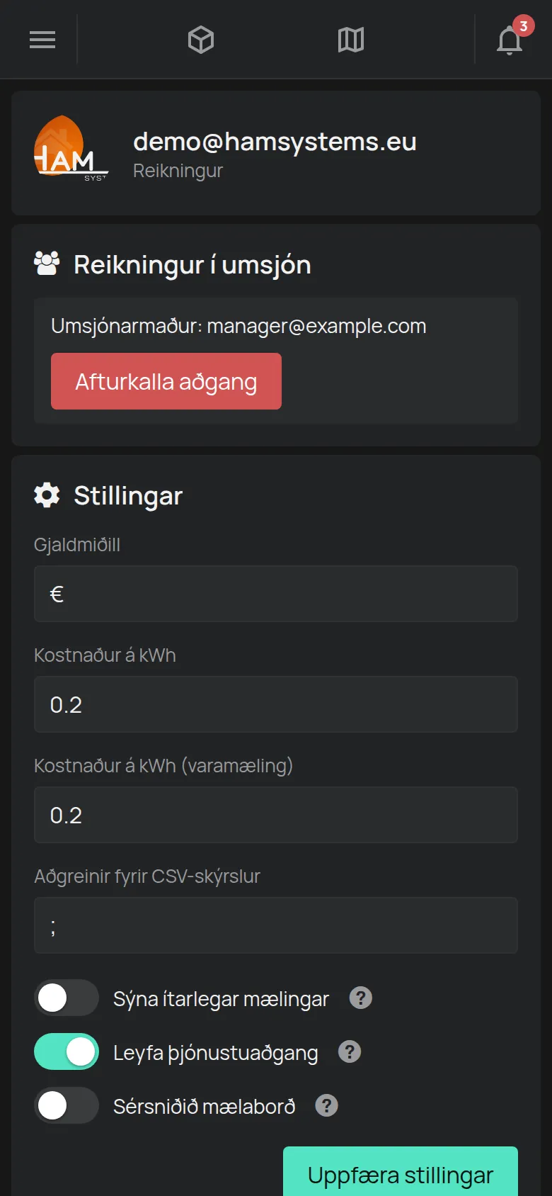 Síðan Reikningur með tölvupóstfanginu, stillingunum og heimildunum