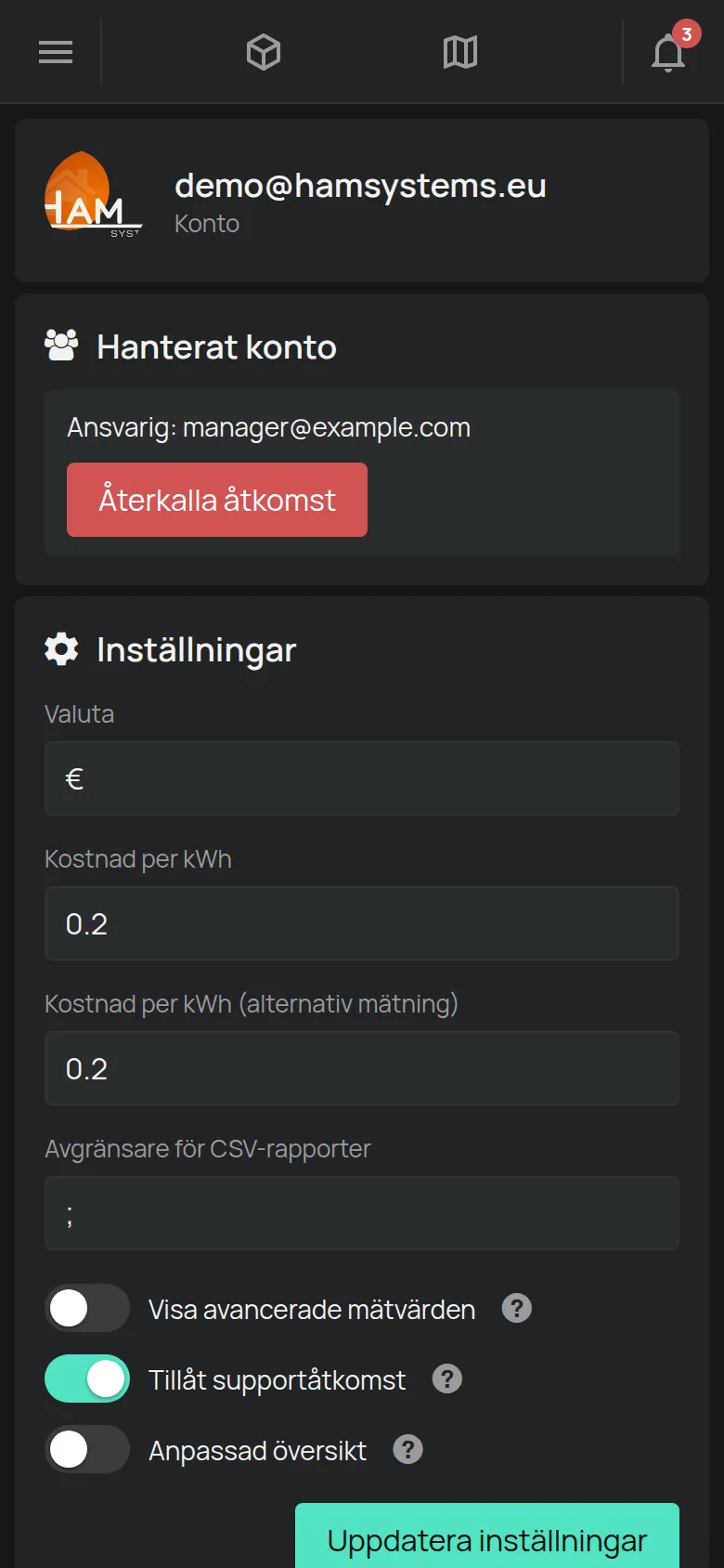 Sidan Konto med e-postadressen, inställningarna och tilldelningarna
