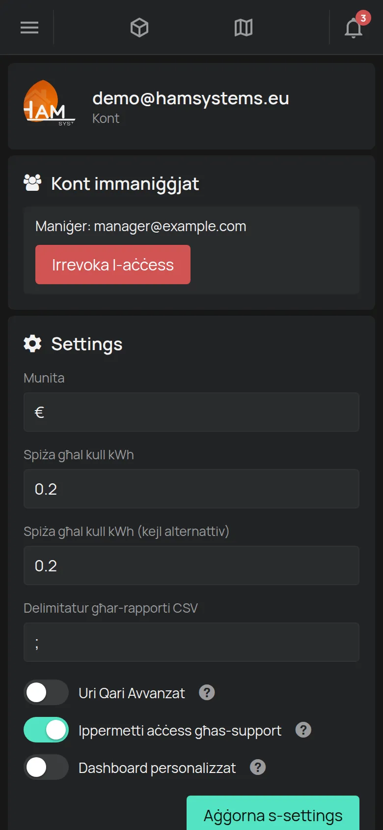 Il-paġna Kont bl-e-mail, is-settings u l-allokazzjonijiet