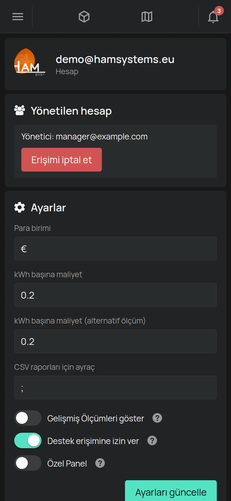E-posta, ayarlar ve tahsisatlarla Hesap sayfası