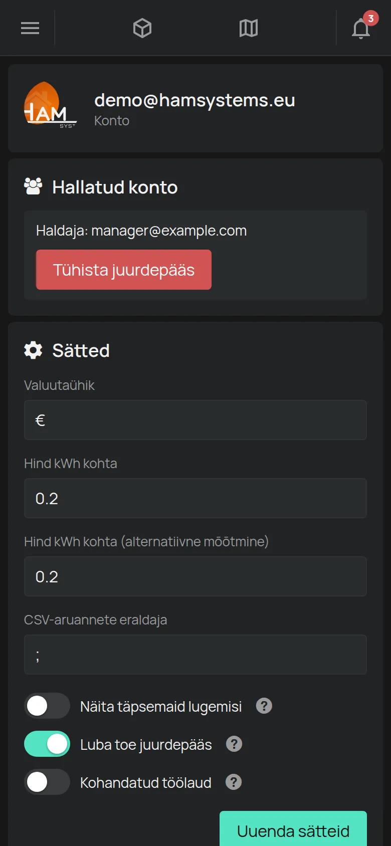 Leht Konto e-posti aadressi, sätete ja mahtudega