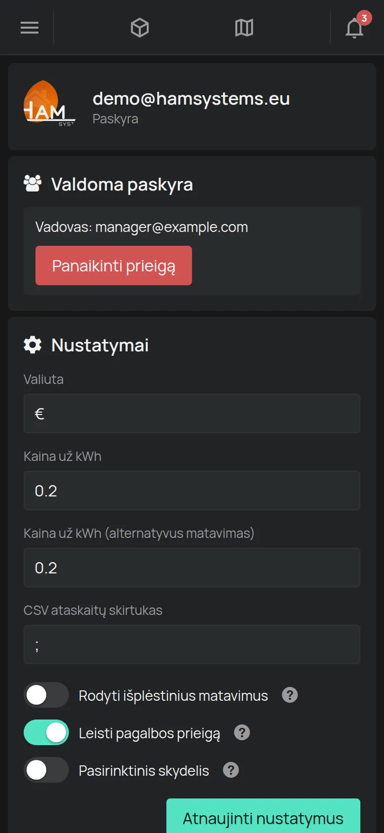 Puslapis Paskyra su el. pašto adresu, nustatymais ir limitais