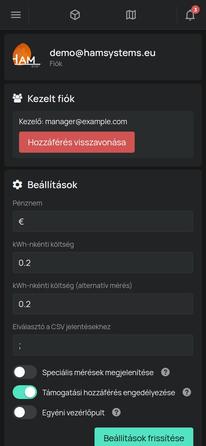 A Fiók oldal az e-mail címmel, a beállításokkal és a keretekkel