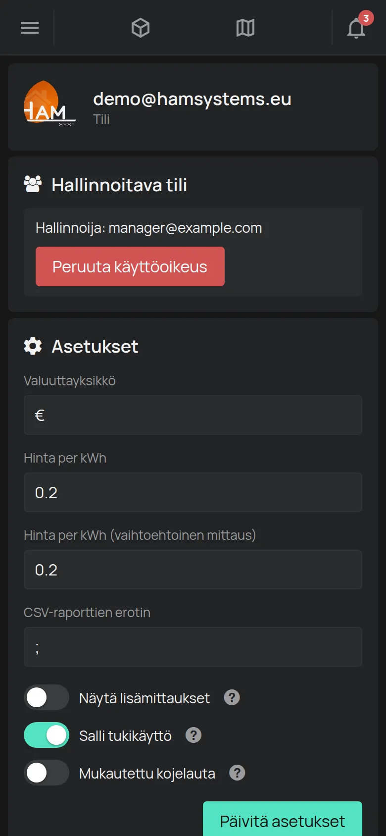 Tili-sivu, sähköposti, asetukset ja sallitut määrät