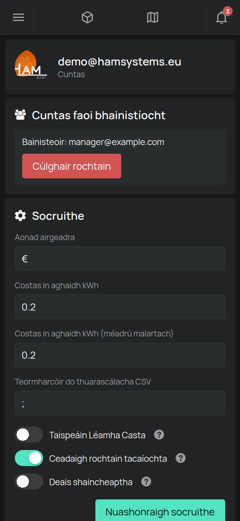 An leathanach Cuntas leis an ríomhphost, na socruithe agus na liúntais