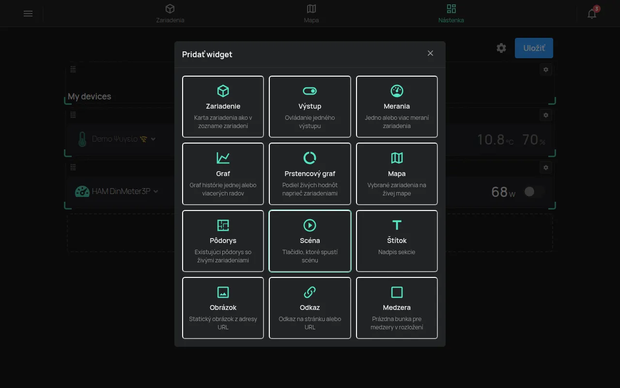 Vlastná nástenka v režime úprav s oknom Pridať widget