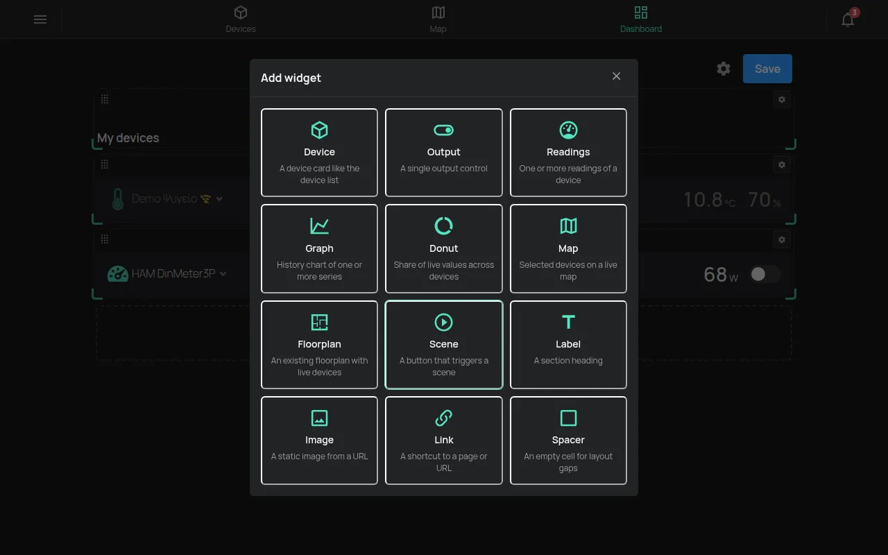 El escritorio personalizado en modo de edición con la ventana Añadir widget