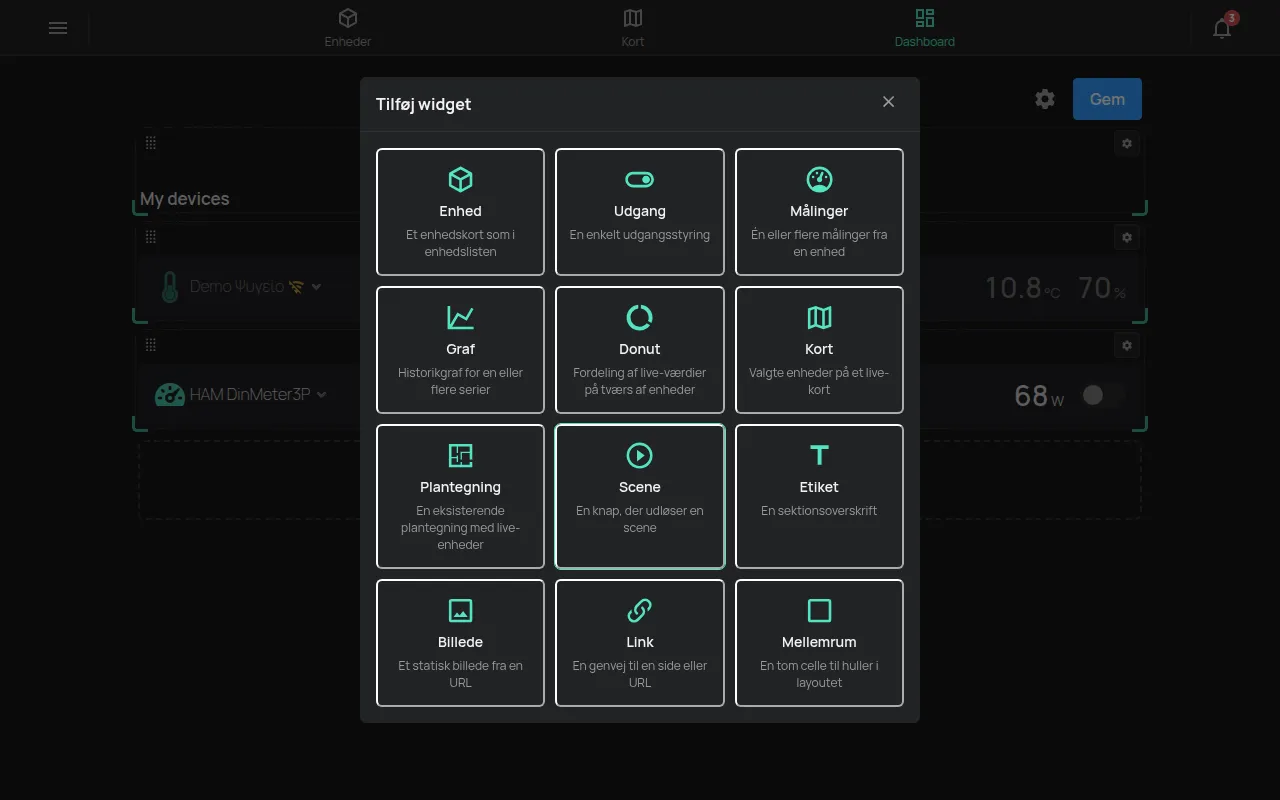 Det brugerdefinerede dashboard i redigeringstilstand med vinduet Tilføj widget