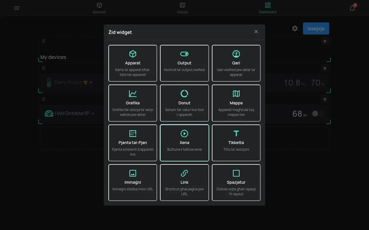 Id-dashboard personalizzat fil-modalità tal-editjar bit-tieqa Żid widget