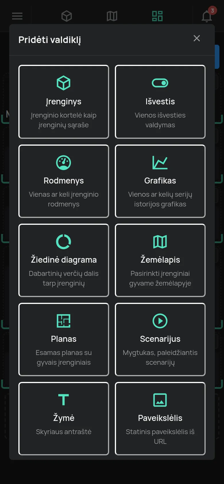 Pasirinktinis skydelis redagavimo režime su langu Pridėti valdiklį