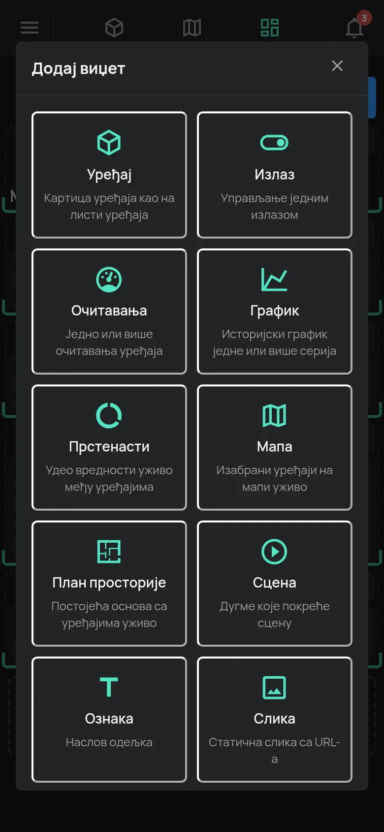 Прилагођена контролна табла у режиму измене са прозором Додај виџет