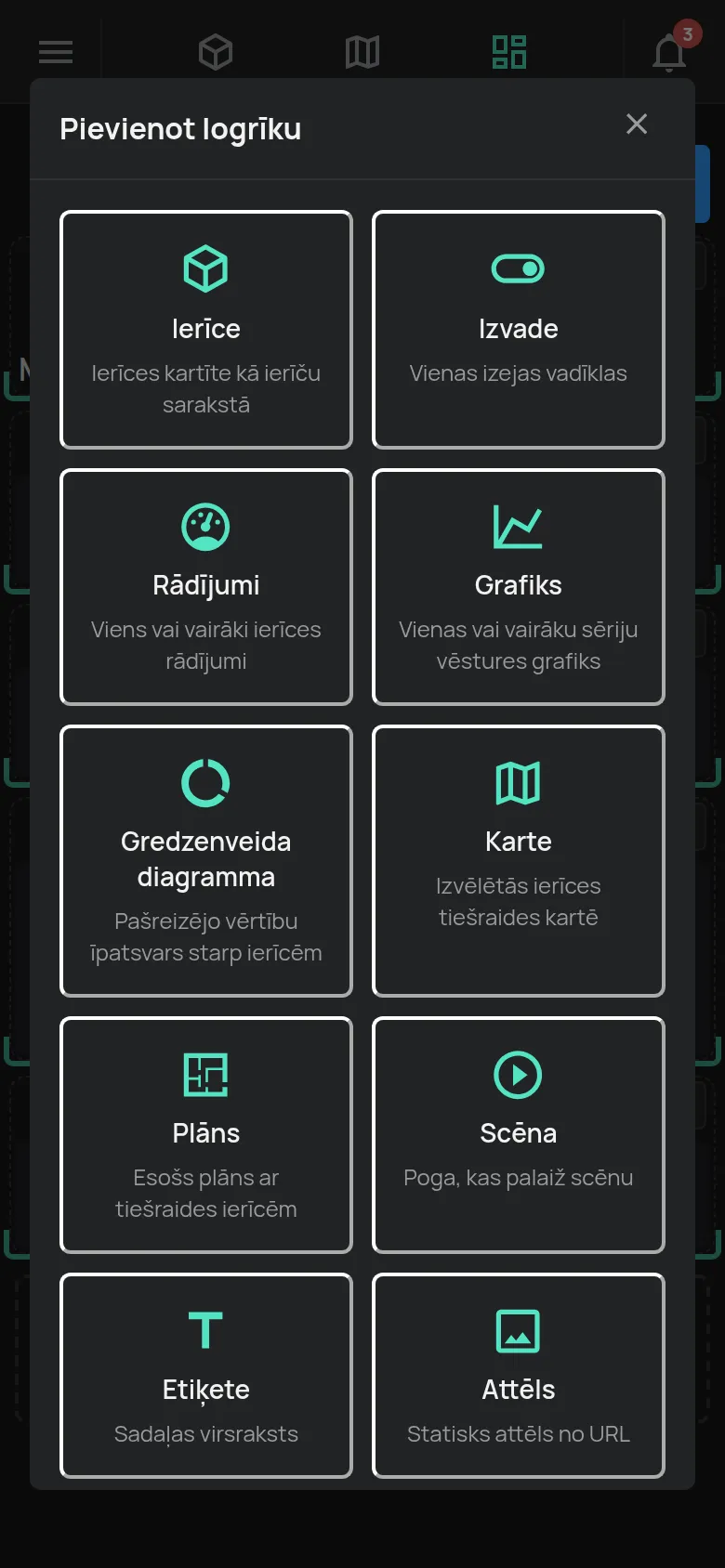 Pielāgotais vadības panelis rediģēšanas režīmā ar logu Pievienot logrīku