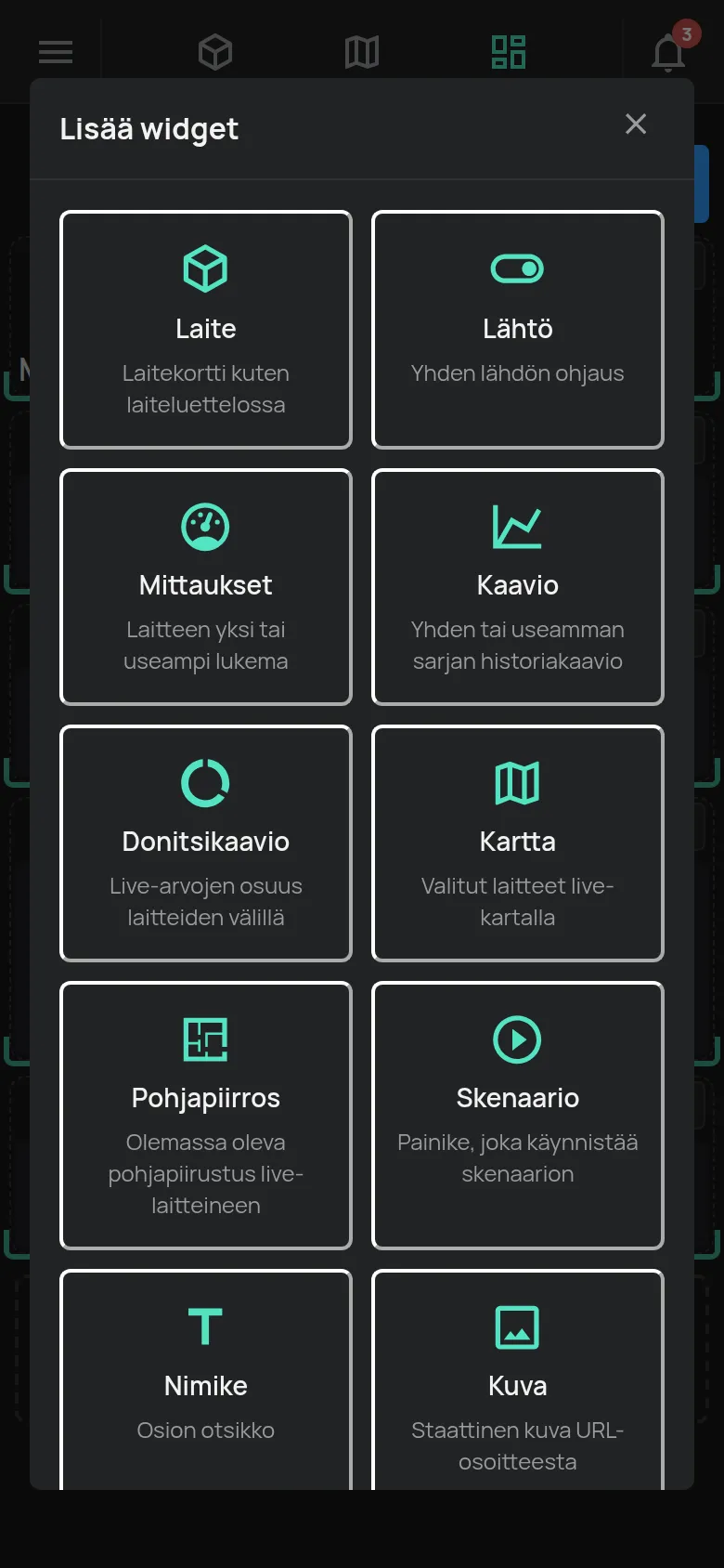 Mukautettu kojelauta muokkaustilassa ja Lisää widget -ikkuna