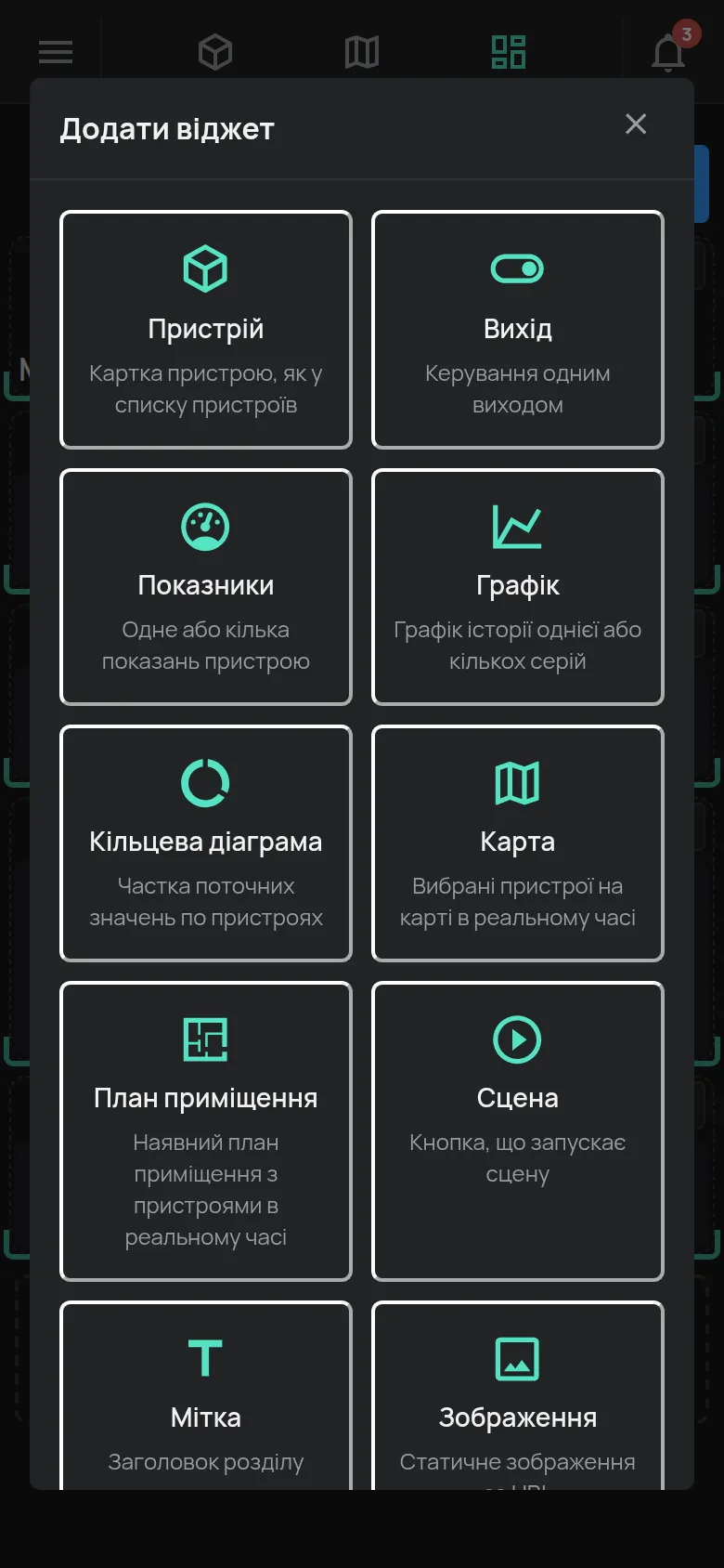 Користувацька панель у режимі редагування з вікном Додати віджет
