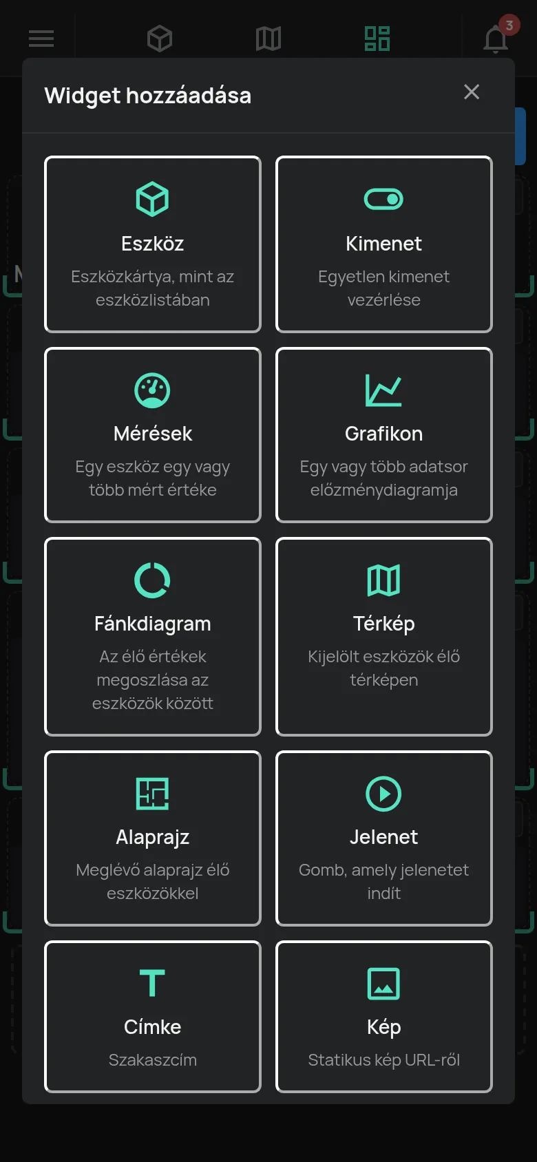 Az egyéni vezérlőpult szerkesztési módban a Widget hozzáadása ablakkal