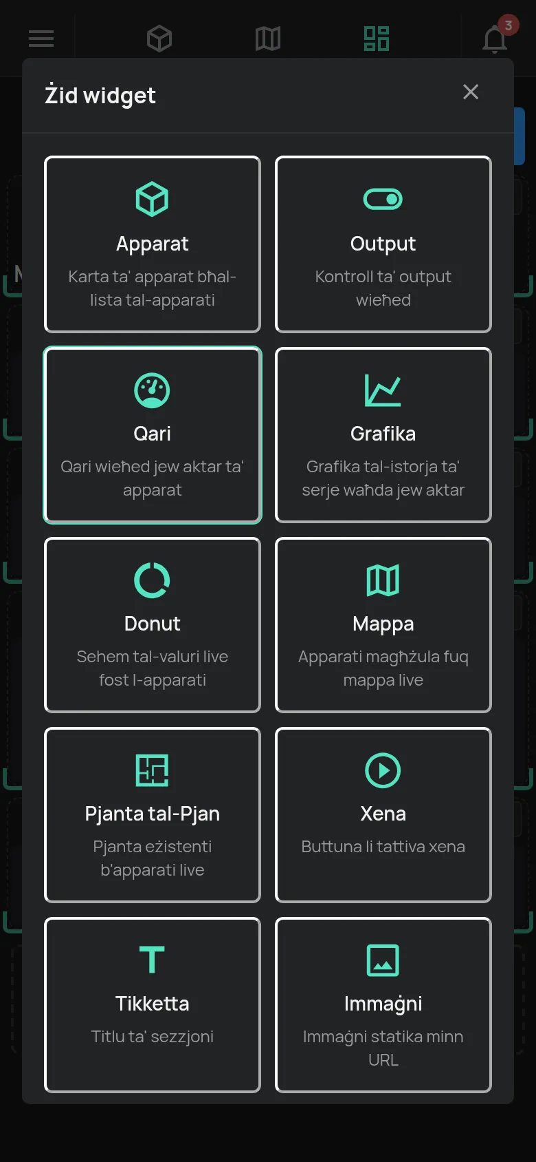Id-dashboard personalizzat fil-modalità tal-editjar bit-tieqa Żid widget