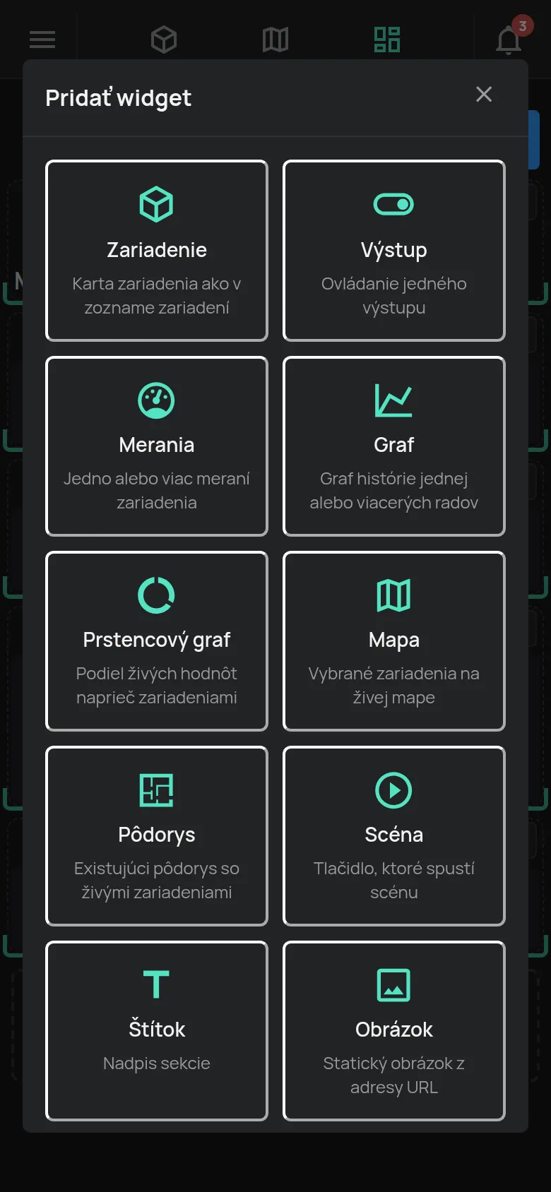 Vlastná nástenka v režime úprav s oknom Pridať widget