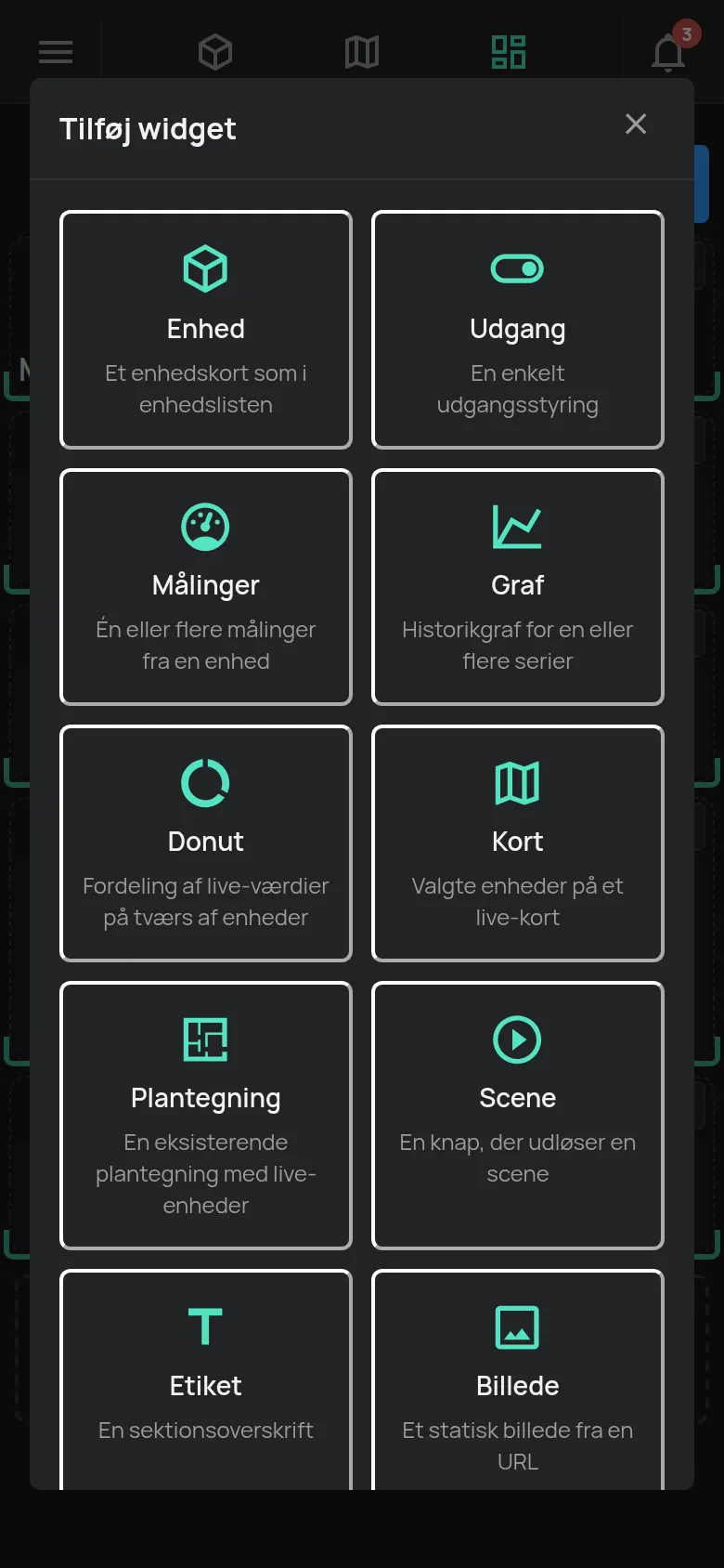 Det brugerdefinerede dashboard i redigeringstilstand med vinduet Tilføj widget