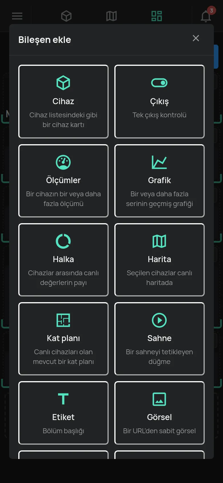 Bileşen ekle penceresiyle düzenleme modunda özel panel