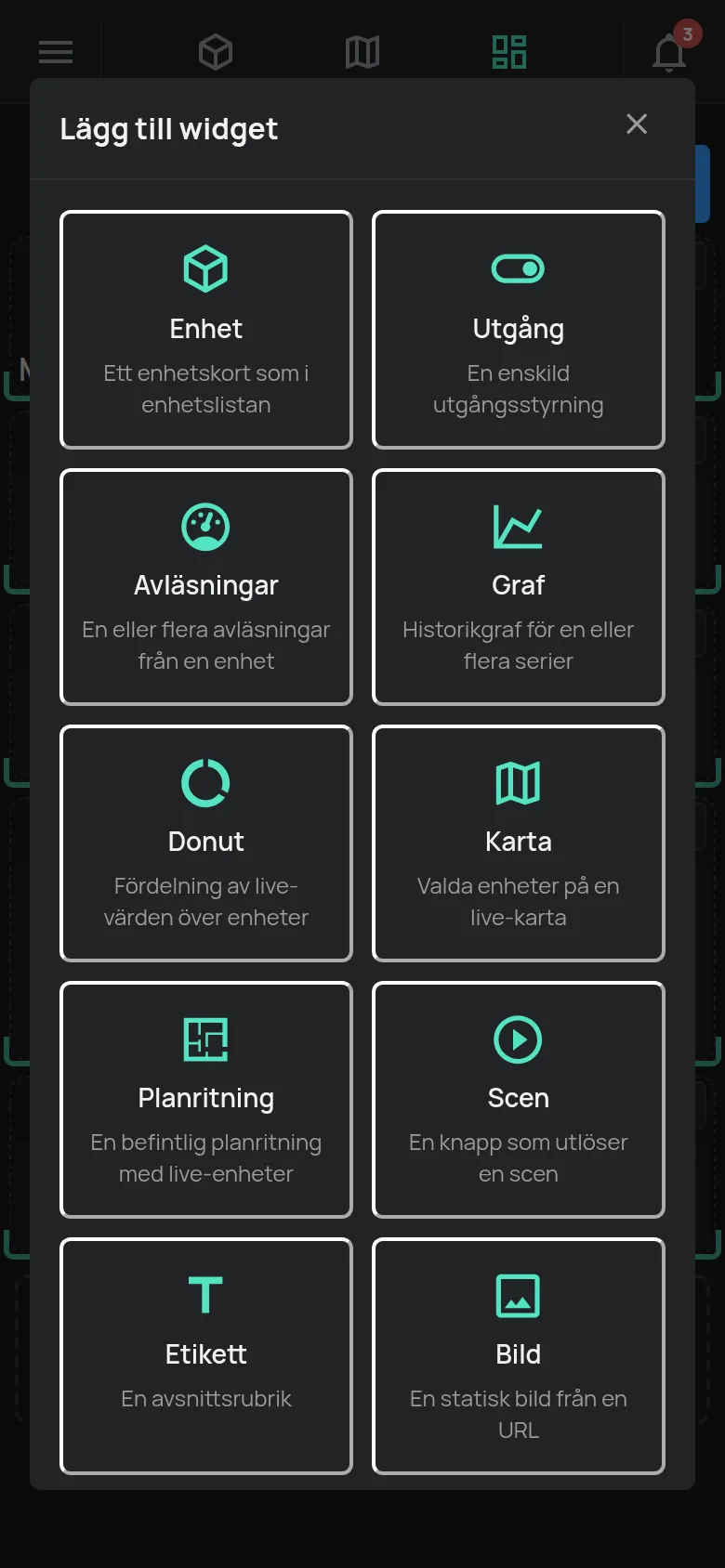 Den anpassade översikten i redigeringsläge med fönstret Lägg till widget