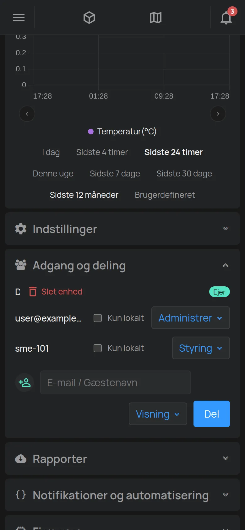 Sektionen Adgang og deling med listen over konti og formularen til en ny konto