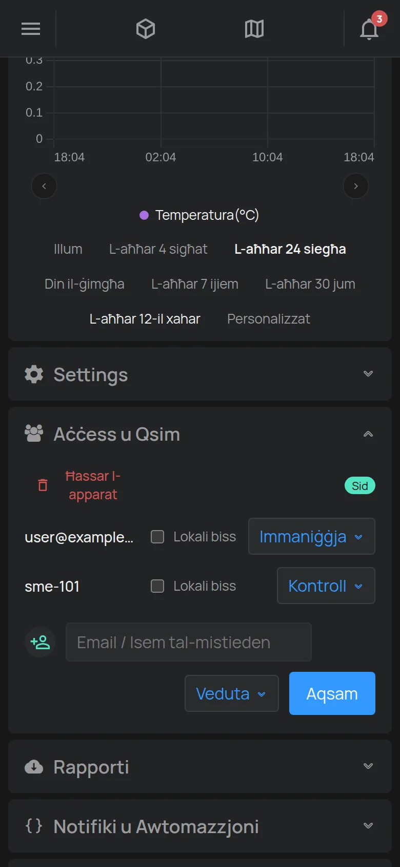It-taqsima Aċċess u Qsim bil-lista tal-kontijiet u l-formola għal kont ġdid