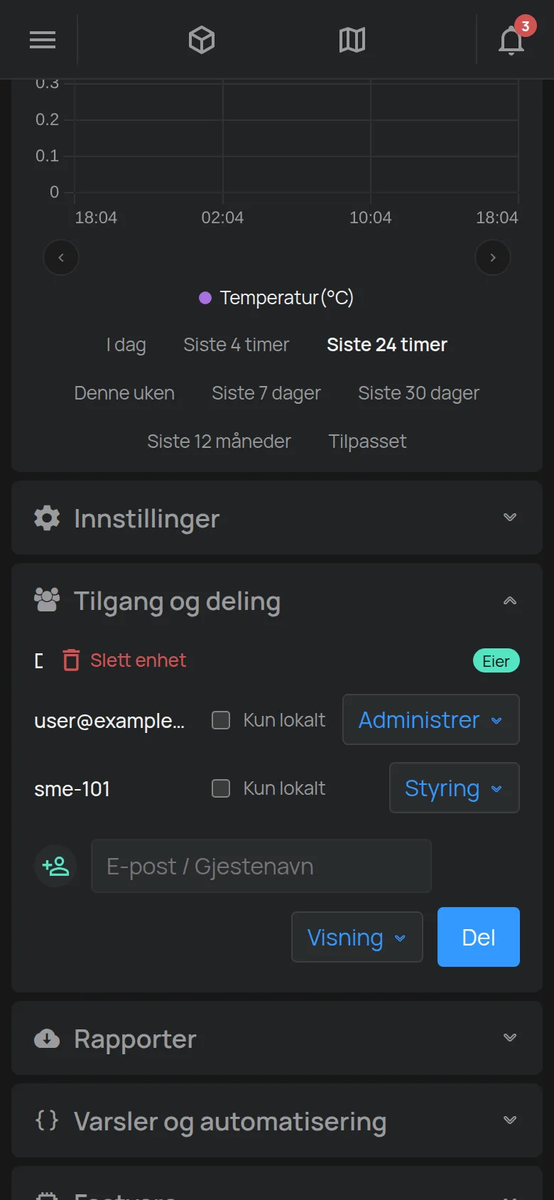 Delen Tilgang og deling med listen over kontoer og skjemaet for en ny konto
