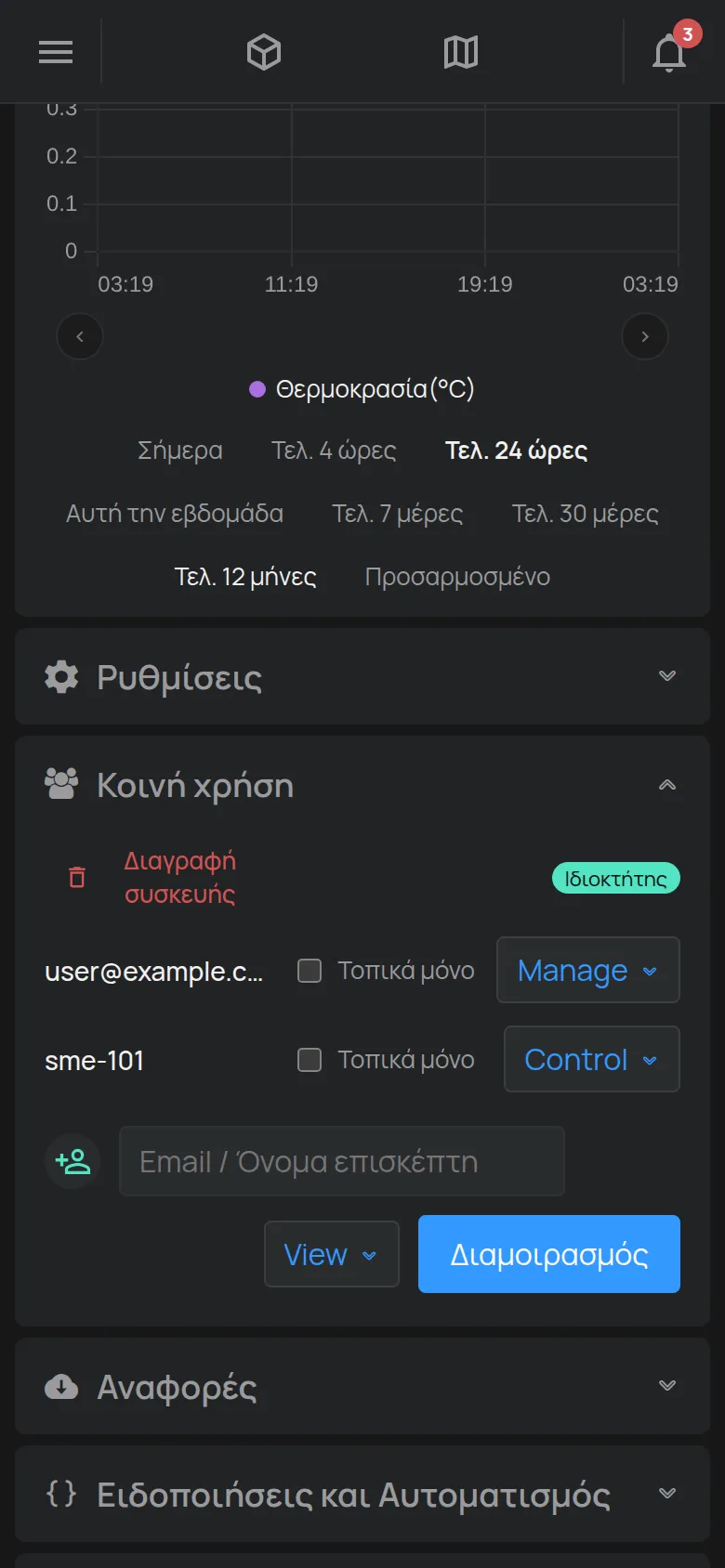 Η ενότητα Κοινή χρήση με τη λίστα των λογαριασμών και τη φόρμα για νέο λογαριασμό