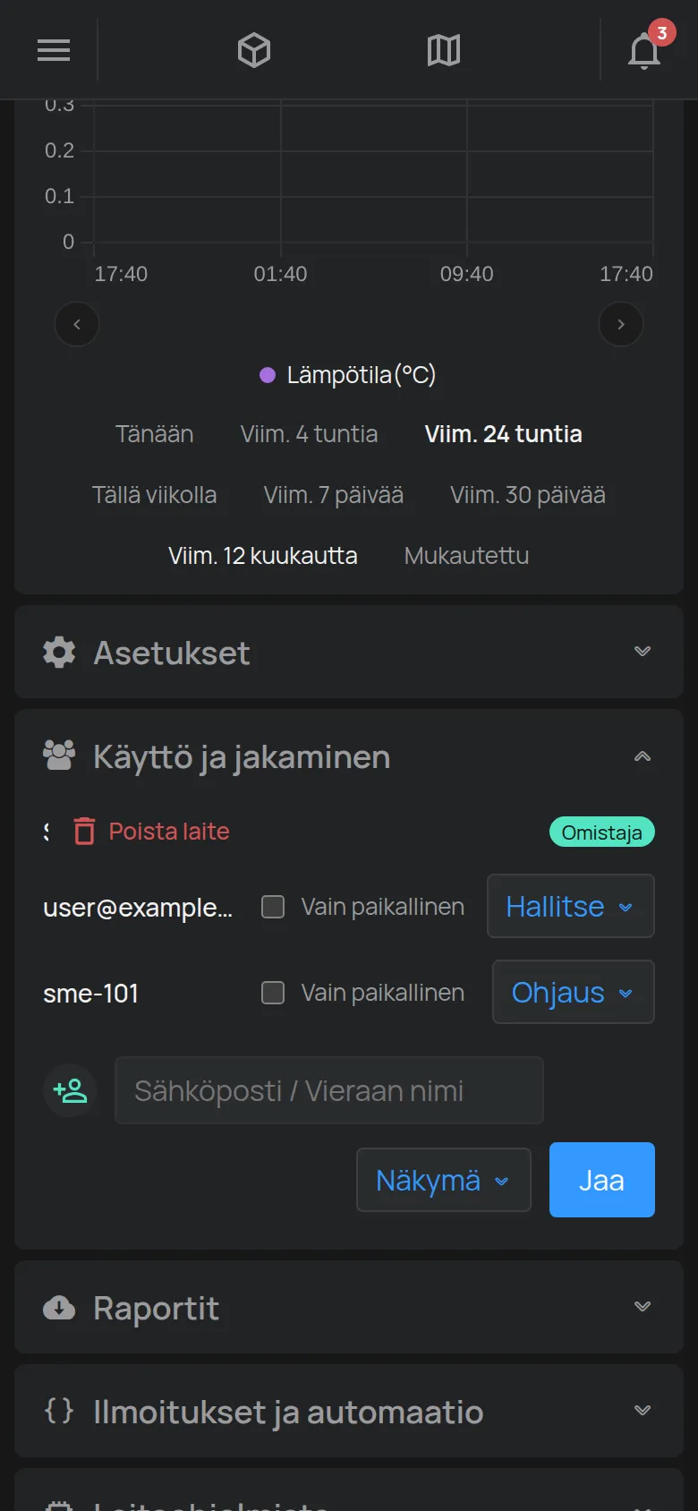 Käyttö ja jakaminen -osio, tilien luettelo ja lomake uudelle tilille